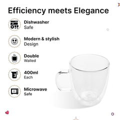Kuber Industries 12 Pcs Glass Coffee Mugs | Borosilicate Double Walled Glass Mug | High Heat Resistant | Microwave and Dishwasher Safe | 400 ML | Pack of 6 | Transparent