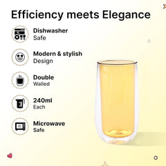 Kuber Industries 2 Pcs Double Walled Borosilicate Glass | High Thermal Resistance | Microwave & Dishwasher Safe | 240 ML | Pack of 1 | Yellow