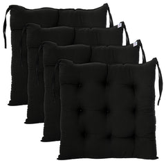 Heart Home Microfiber Square Chair Pad Seat Cushion for Car Pad, Office Chair, Indoor/Outdoor, Dining Living Room, Kitchen with Ties-Pack of 4, 18 * 18 Inch (Black)