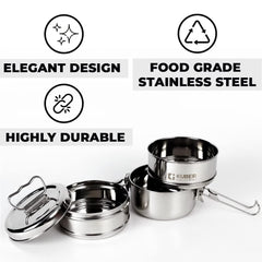 Kuber Industries Clipper Stainless Steel Tiffin Box | Lunch Box with Locking Clip I Silver | Set of 3 Box | Everyday use Home Office Steel Lunch Box (3 Container, 1000ml) (Pack of 4)
