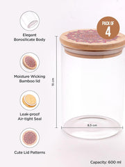 Kuber Industries Borosilicate Glass Jar with Printed Bamboo Lid|Kitchen Organizer Items and Storage|Multi-utility, Leakproof, Airtight Storage Jar for Cookies,Snacks,Tea,Coffee,Sugar|Pack of 4(600ml)