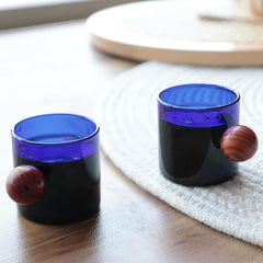 Kuber Industries 2 Pcs Borosilicate Glass Coffee Cups | Cup with Wooden Ball Handle | High Heat Resistant | Microwave and Dishwasher Safe | 120 ML | Pack of 1 | Blue
