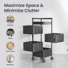 Kuber Industries 4-Layer Kitchen Trolley | 360° Rotating Storage Rack | Square Storage Rack with Wheels | Fruit and Vegetable Storage for Kitchen | Pack of 5 | (Black)
