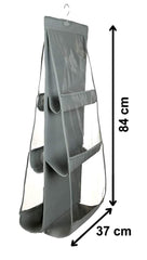 Kuber Industries Dust Proof Hanging Handbag Purse Clutch Organizer with 6 Large Compartments & Hanger (Grey), Cotton