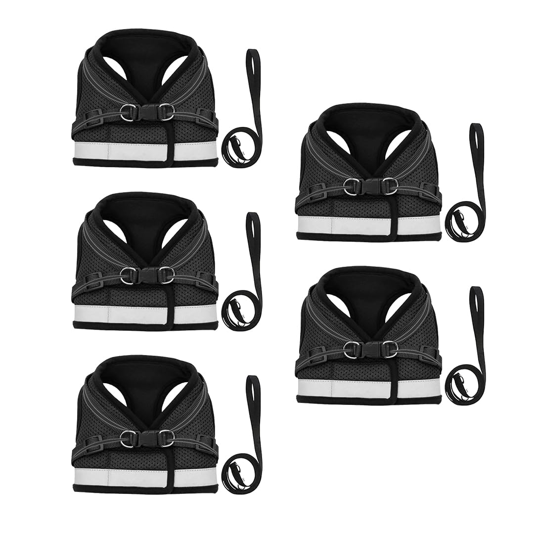 Kuber Industries Reflective Dog Harness With Adjustable Leash|Breathable Polyester Mesh Fabric |XS Size|HT-844|Comfortable No-Pull Grip|Quick Release Buckles|Easy On-Easy Off Harness|Black (Pack Of 5)
