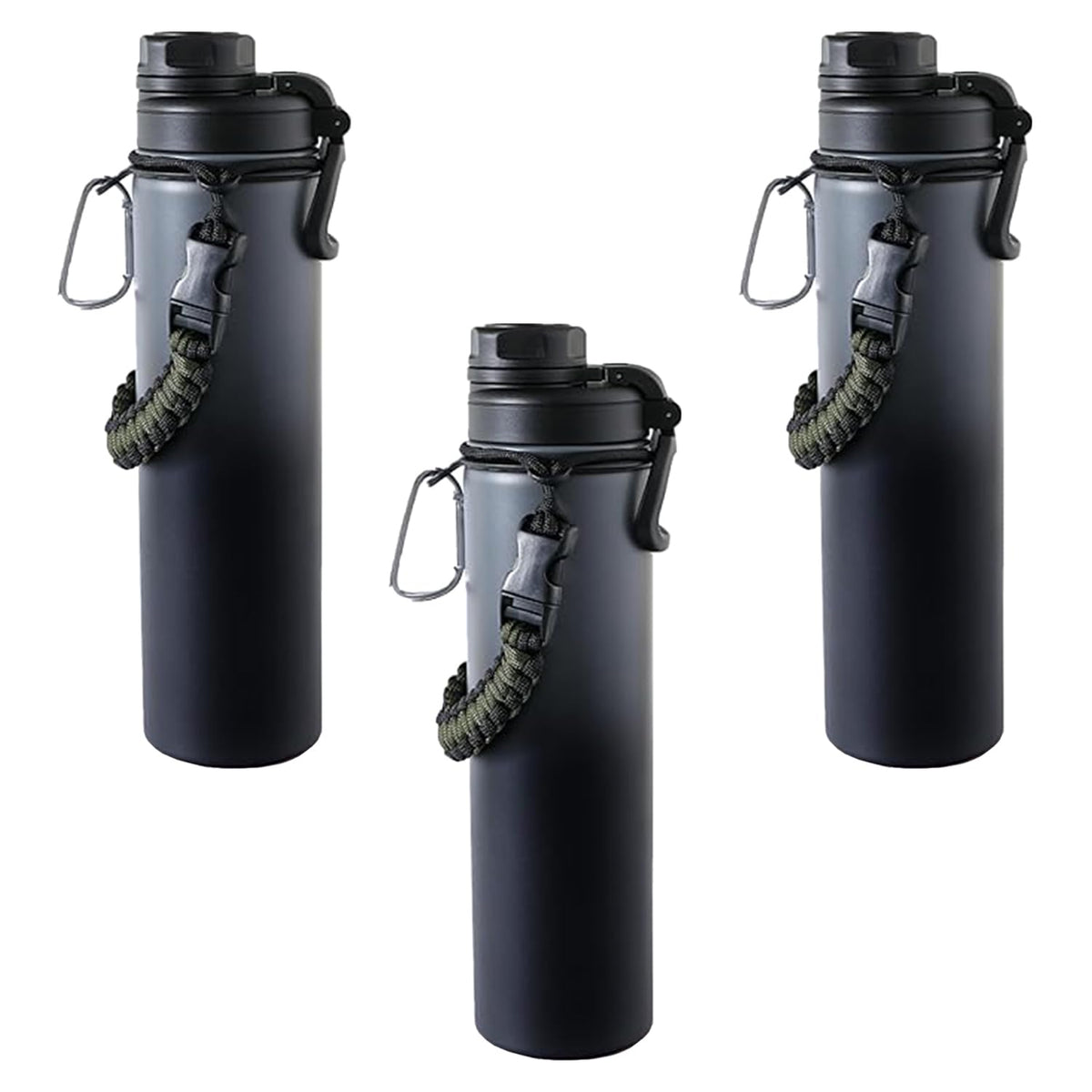 Kuber Industries Water Bottle | Steel Water Bottle for Daily Use | Vacuum Insulated Flask Water Bottle with Rope | Hot & Cold Water Bottle | 720 ML | LX-230603 | Pack of 3 | Black & Gray