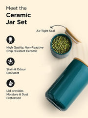 Urbane Home 800ml Ceramic Jar for Kitchen Storage | Air Tight Container Set with Bamboo Lid | Kitchen Container for Snacks, Tea, Sugar | Multipurpose Organizer | Teal | Pack of 2