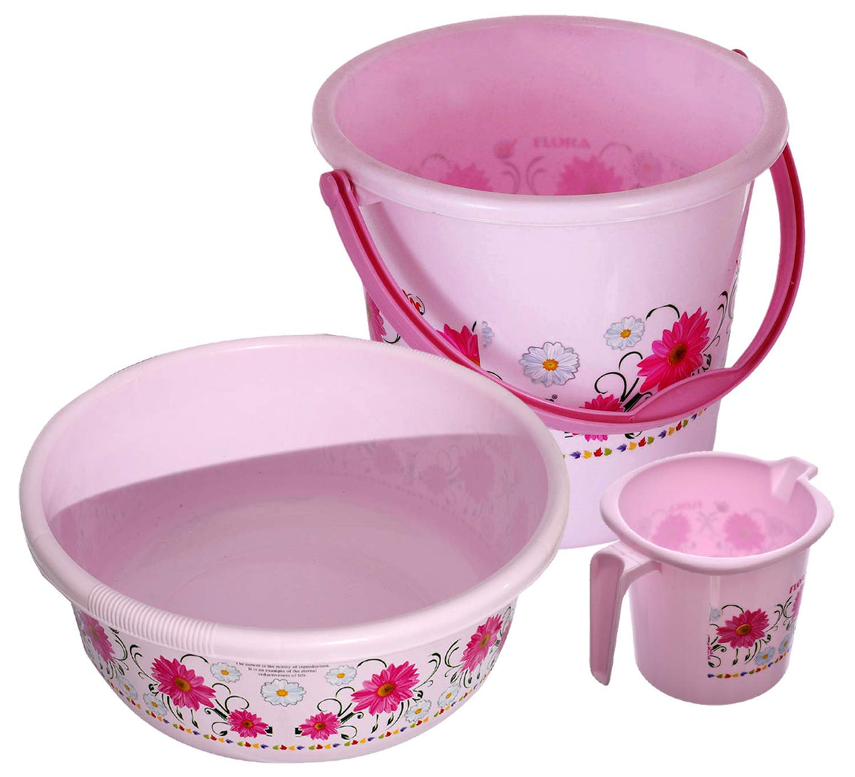 Kuber Industries Floral Print Bathroom Bathing Set of 3 Piece with Plastic 18 LTR Bucket, 1 LTR Mug, 40 LTR Bath Tub (Pink)-KUBMART1273, Standard