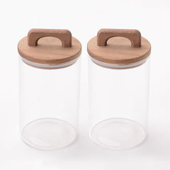 Kuber Industries 1000ml Glass Jars with Wooden Lid, Set of 2 | Airtight Kitchen Storage Containers | Moisture & Dust Proof | Transparent Jar with Handle