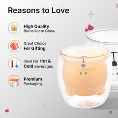 Kuber Industries Pack of 2 Cute Teddy Bear Cups | Heat Resistant |Borosilicate Double Wall Glass Cups | Scratch Proof | 250 ML | Amber