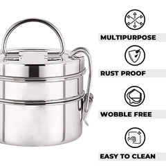 Kuber Industries Clipper Stainless Steel Tiffin Box | Lunch Box with Locking Clip I Silver | Set of 2 Box | Everyday use Home Office Steel Lunch Box (2 Container, 1000ml) (Pack of 5)