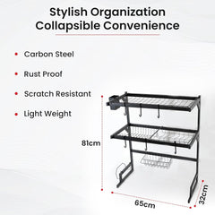Kuber Industries 2-Layer Dish Drying Rack|Storage Rack for Kitchen Counter|Drainboard & Cutting Board Holder|Premium Utensils Basket Pack of 2 (Black)
