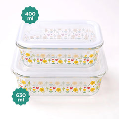 Homestic Borosilicate Glass containers Set with Lid | Microwave Safe | Airtight Storage Jar | Transparent | Airvent PP lid | 400ml & 630ml | Rectangular Printed | Pack of 2