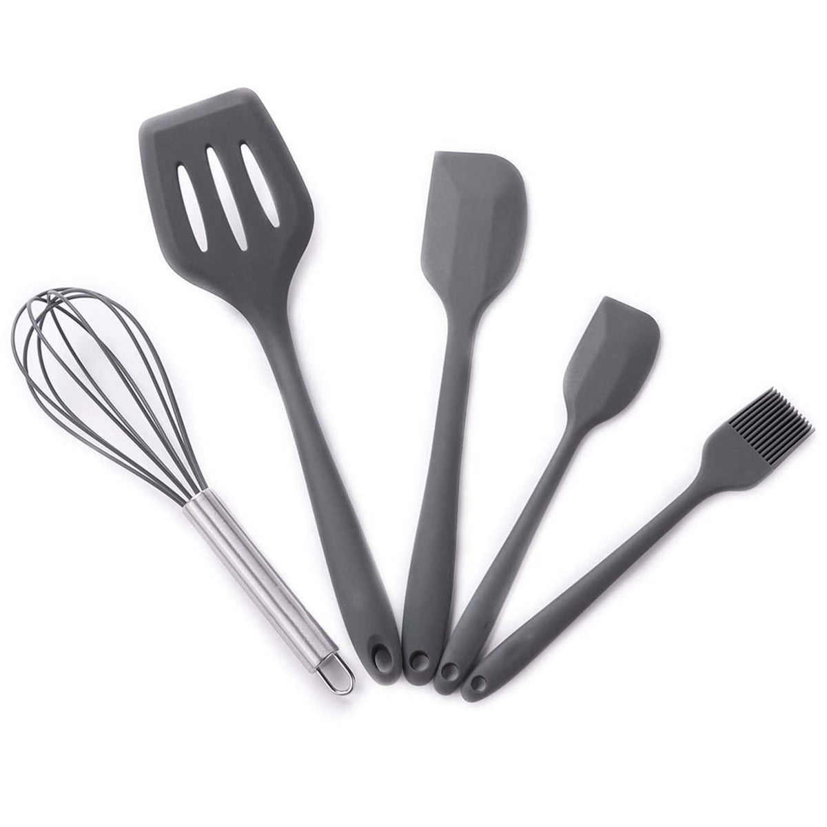 Kuber Industries Set of 5 Heat Resistant Silicone Spatula for Kitchen & Stainless Steel Whiskers | Ladle/Spatula for Non Stick Pan, Kitchen Utensils Set | DSUSHA002-1 - Silver & Dark Grey