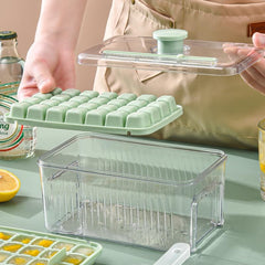 Kuber Industries 2 Layer Ice Cube Tray with Lid | Ice Cube Storage Box with Ice Scoop | 56 Ice Cube Molds for Freezing | One-Press Demolding | BPA Free | Green
