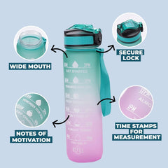 Kuber Industries Motivational Water Bottle with Time Marker | Sipper Water Bottle for Kids & Adults with Straw | for Gym, Home, Office & School | Green Purple -1 L (Pack of 6)