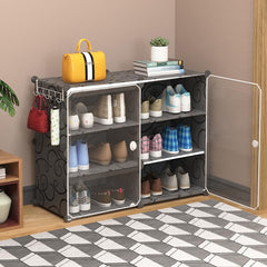 Kuber Industries Pack of 6 Shoes Cabinet |2 Column 3-Tier Foldable Shoe Rack Organizer for Closet | Plastic Shoe Shelf Collapsible Shoes Storage Box |Shoe Cabinet with Lids | JL2C3TBK | Black