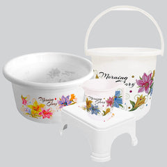 Kuber Industries Printed 4 Pieces Plastic Bucket, Stool, Mug & Tub Set (White) (HS39KUBMART023510)