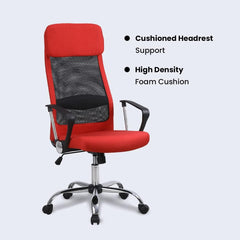 Kuber Industries Ergonomic Office Chairs for Work From Home | Comes with Manual Height Adjustable, Armrest, Headrest & 2D Lumbar Support | Comfy Study Chair for Students with Wheels | Red | MC10-RD