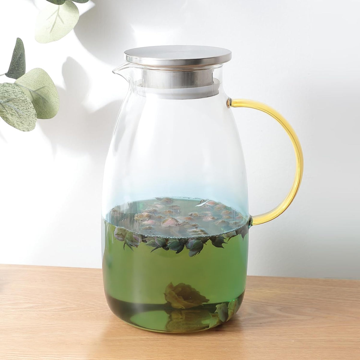 Kuber Industries Premium 2.1 LTR Glass Jug with Stainless Steel Lid and Handle | Leakproof Pitcher for Water, Cold Brew, Tea, Iced Coffee, Lemonade | Heat Resistant | Housewarming Gift | Transparent