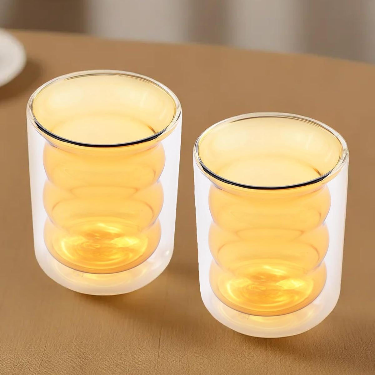 Kuber Industries Double Wall Borosilicate Glass Coffee Mug Set of 2-200ml | Unique Curvy Design | High Thermal Resistance | Microwave/Dishwasher Safe | Gifting Pack for Friends/Couples | Yellow