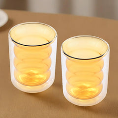 Kuber Industries Double Wall Borosilicate Glass Coffee Mug Set of 2-200ml | Unique Curvy Design | High Thermal Resistance | Microwave/Dishwasher Safe | Gifting Pack for Friends/Couples | Yellow