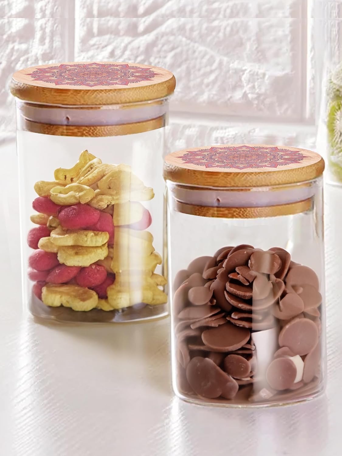Urbane Home Borosilicate Glass Jar with Printed Bamboo Lid|Kitchen Organizer Items and Storage|Multi-utility, Leakproof, Airtight Storage Jar for Cookies,Snacks,Tea,Coffee,Sugar|Pack of 2(600ml)