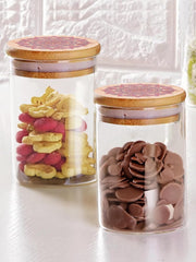 Urbane Home Borosilicate Glass Jar with Printed Bamboo Lid|Kitchen Organizer Items and Storage|Multi-utility, Leakproof, Airtight Storage Jar for Cookies,Snacks,Tea,Coffee,Sugar|Pack of 2(600ml)