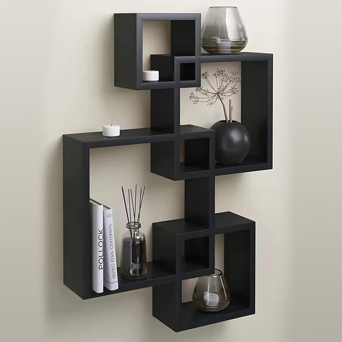 Kuber Industries Wooden 4 Intersecting Wall Mount Wooden Wall Shelf for Bedroom & Living Room | DIY Assembly Book Shelves for Home Library | Wall Rack Shelf for Decor | Black