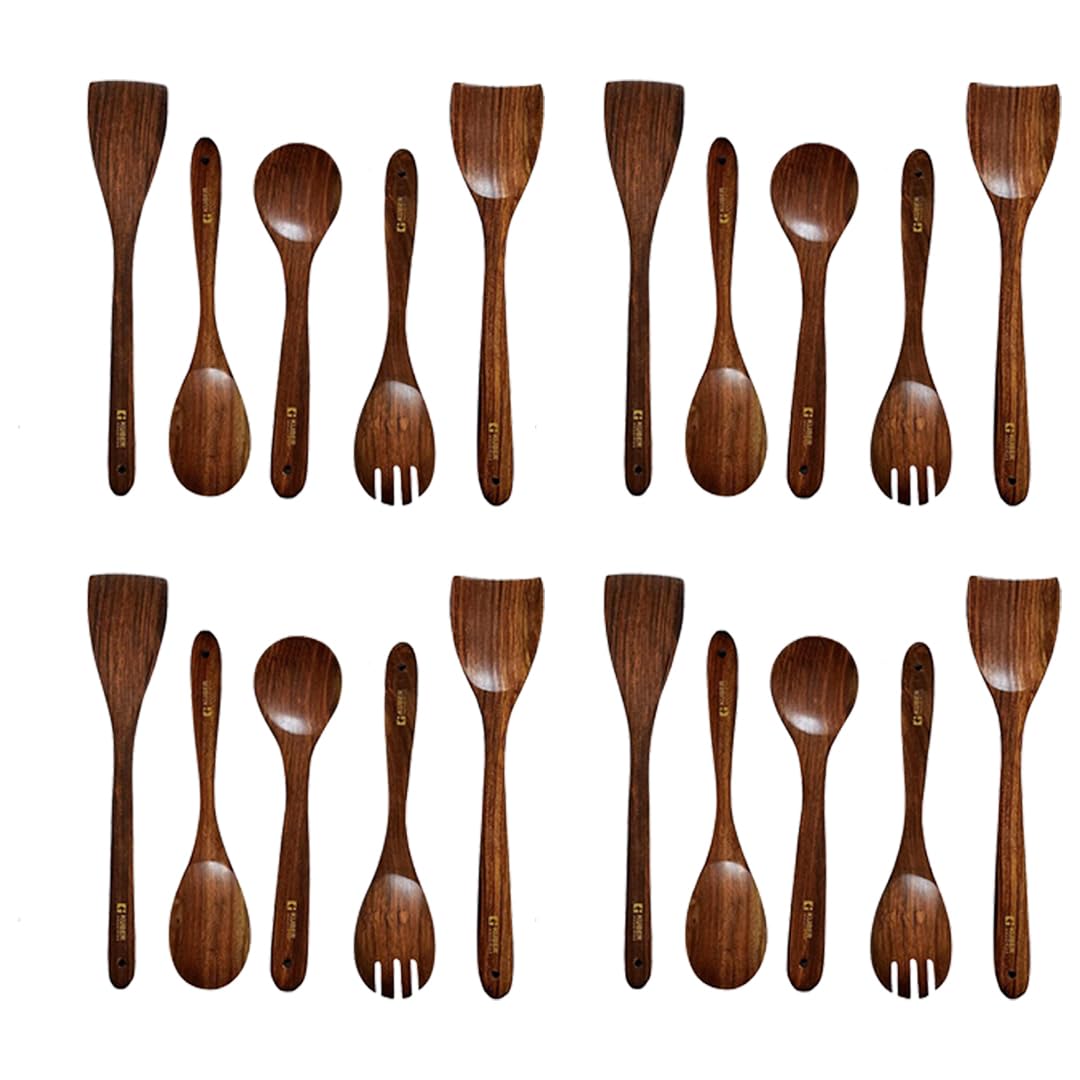 Kuber Industries Sheesham Handicrafts Wooden Serving and Cooking Spoons | No Harmful Polish | Naturally Non-Stick | Wood Brown Spoons Kitchen Utensil | Handmade Spatula Set of 5 (Pack of 4)