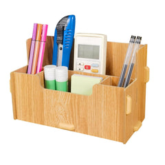 Urbane Home 4 Compartment Pen Stand for Office | MDF Wood Rack | Aesthetic Stationery Stand For Office Table Accessories | Burlywood | 21.1x9.7x13cm