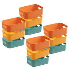 Kuber Industries (Set of 12) Plastic Baskets For Organizing (Small) Storage Basket With Handle - For Makeup Items, Toys, Socks - Green, Yellow & Orange