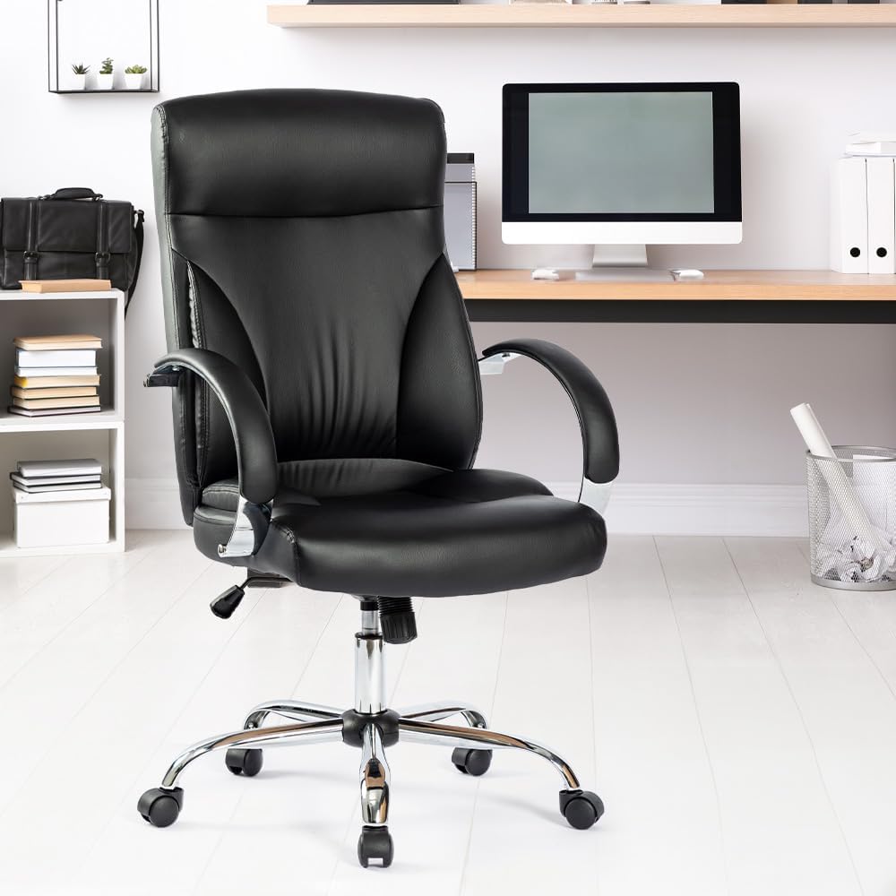 Kuber Industries Ergonomic Leather Office Chairs for Work From Home | Comes with Manual Height Adjustable, Armrest, Headrest & Lumbar Support | Comfy Study Chair for Students with Wheels | Black