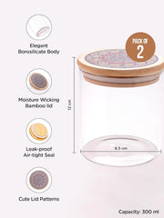 Kuber Industries Borosilicate Glass Jar with Printed Bamboo Lid|Kitchen Organizer Items and Storage|Multi-utility, Leakproof, Airtight Storage Jar for Cookies,Snacks,Tea,Coffee,Sugar|Pack of 2(300ml)