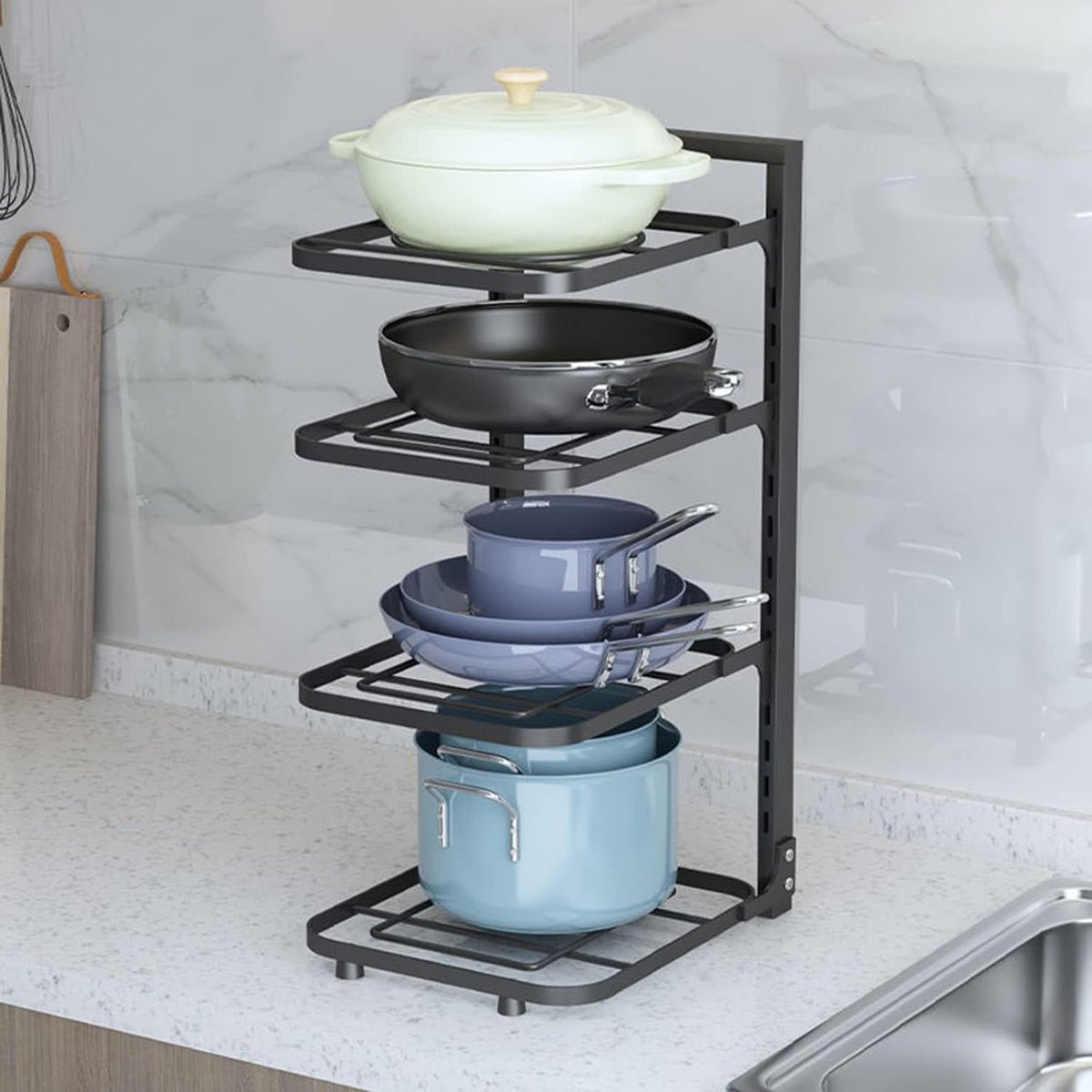 Urbane Home 4-Layer Pots and Pans Organiser Rack|Kitchen Organization And Storage|Adjustable Pot Lid Holder Rack|Home Kitchen Accessories (Black)