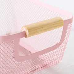 Heart Home Metal Mesh Basket for Storage with wooden handle | 280 gm | Fruit basket for kitchen | Kitchen Organizer | Baskets for organizing home & kitchen | Multipurpose | Pink