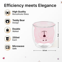 Kuber Industries 2 Pcs Cute Teddy Bear Cups | Borosilicate Double Wall Glass Cups | Microwave Safe | Heat Resistant | Scratch Proof | 250 ML | Pack of 1 | Pink