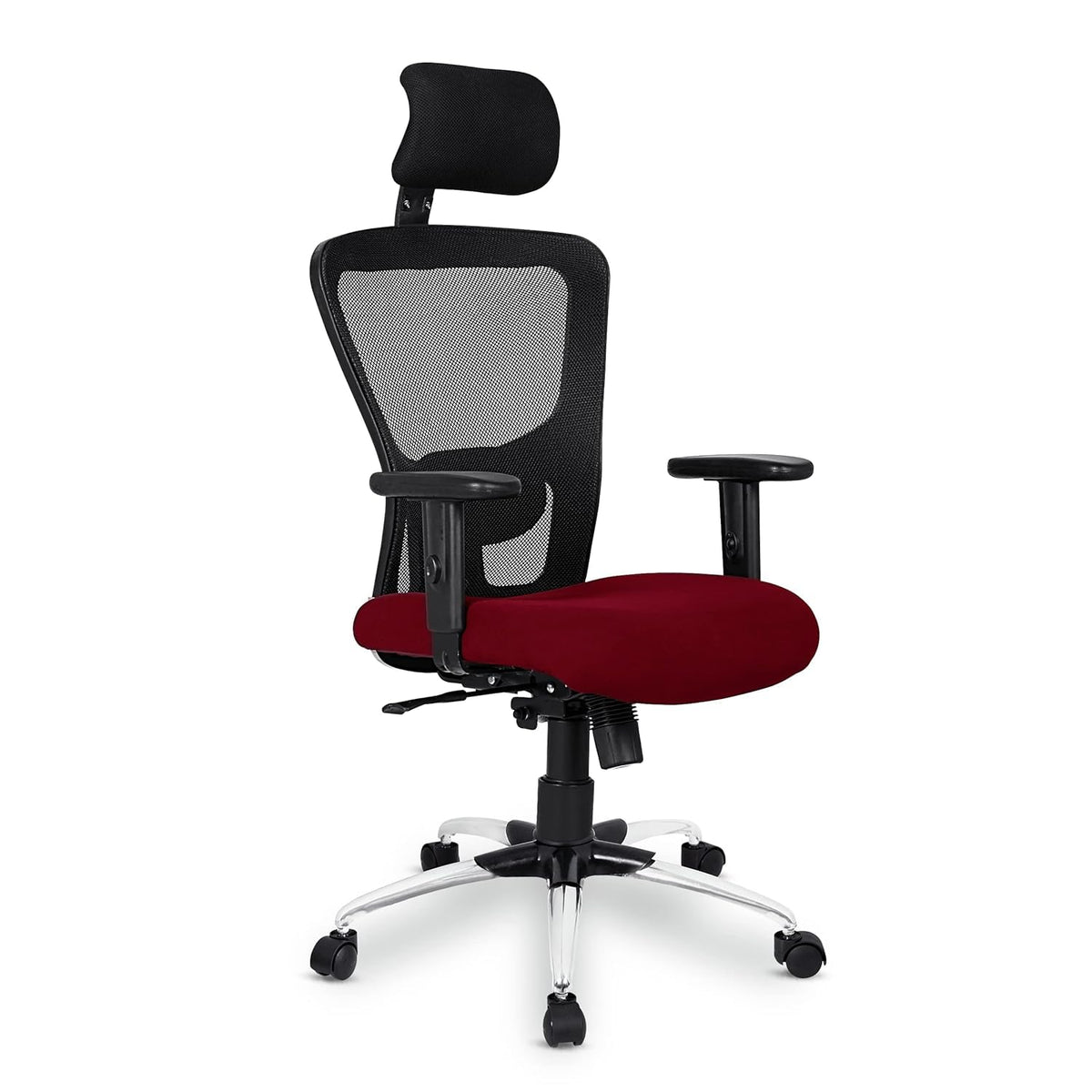 Kuber Industries Ergonomic Office Chairs for Work From Home | Comes with Manual Height Adjustable, Armrest, Headrest & Lumbar Support | Comfy Study Chair for Students with Wheels | Black & Maroon Seat