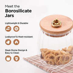 Urbane Home Borosilicate Glass Jar with Bamboo Lid | Kitchen Organizer Items & Storage | Multi-utility, Leakproof, Airtight Jar for Cookies, Snacks, Tea, Coffee, Sugar | Set of 2 (680ml, 830ml)