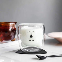 Urbane Home 2 Pcs Cute Teddy Bear Cups | Borosilicate Double Wall Glass Cups | Microwave Safe | Heat Resistant | Scratch Proof | 250 ML | Pack of 1 | Transparent
