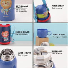 Kuber Industries Water Bottle for Kids|Stainless Steel Flask with Straw, Cup & Fabric Cover|Sipper Bottle for Kids|Food Grade Plastic Lid|Broad Fabric Strap|Leak Proof, BPA Free|500 ml (Pack of 5)