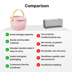 Homestic Metal Mesh Basket for Storage with wooden handle | 400 Gm | Fruit Basket for Kitchen | Kitchen Organizer | Baskets for Organizing Home & Kitchen | Pink | Multipurpose