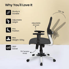 Kuber Industries Ergonomic Office Chairs for Work From Home with Meshback | Comes with Manual Height Adjustable Armrest & 2D Lumbar Support | Comfy Chair for Students with Wheels | Black & Grey Seat