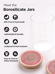 Kuber Industries Borosilicate Glass Jar with Printed Bamboo Lid | Multi-utility | Leakproof | Airtight Jar for Cookies, Snacks, Tea, Coffee, Sugar | Pack of 3 (300ml, 600ml, 1000ml)