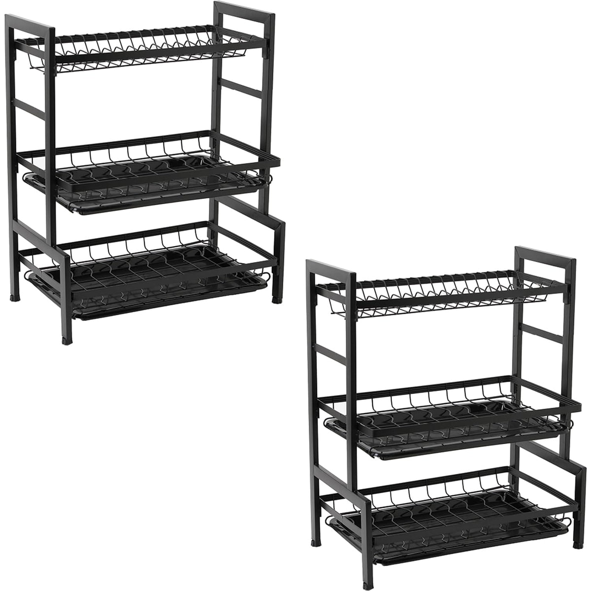 Kuber Industries 3-Layer Dish Drying Rack|Storage Rack for Kitchen Counter|Drainboard & Cutting Board Holder|Premium Utensils Basket|Free Mounting Pack of 2 (Black)