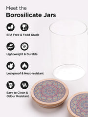 Kuber Industries Borosilicate Glass Jar with Printed Bamboo Lid | Multi-utility | Leakproof | Airtight Jar for Cookies, Snacks, Tea, Coffee, Sugar |Pack of 3 (300ml, 600ml, 1000ml)
