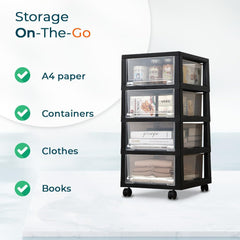 Kuber Industries 5 Layer Cosmetic Cabinet with Trolley|5-Tier Rolling Cart|Shelf Stand With Drawer|Pack of 2|Black