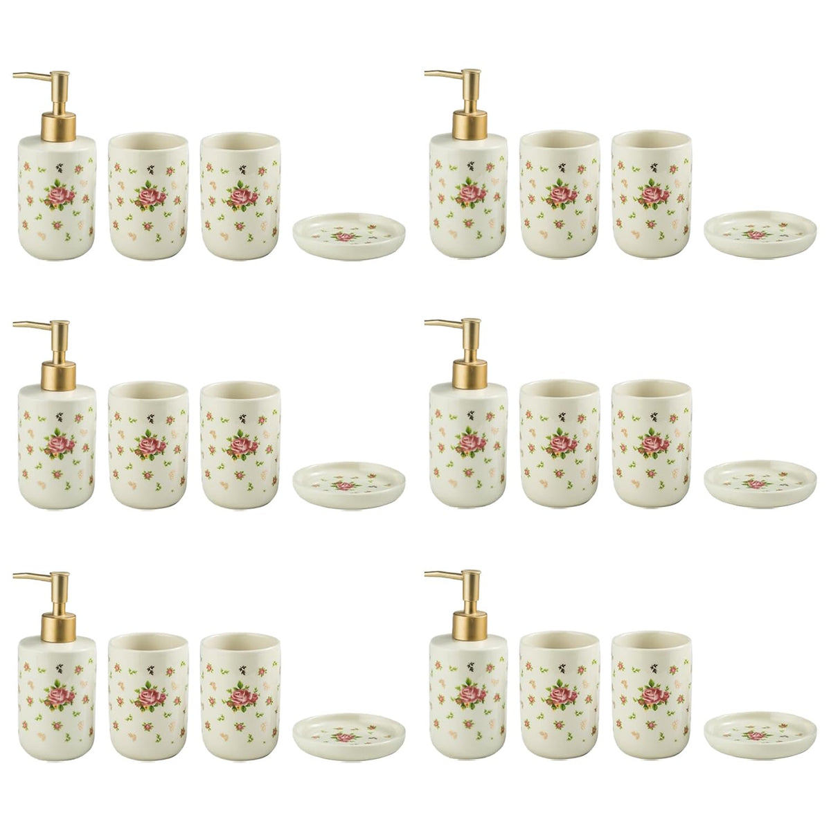 Kuber Industries Bathroom Accessories Set | Handwash Soap Dispenser | Water Cup | Soap Holder Dish for Bathroom | Toothbrush Holder for Bathroom | 24 Piece | ZX055WT | Pack of 6 | White