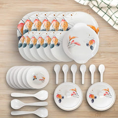 Kuber Industries 32 Pieces Round Melamine Microwave & Dishwasher Safe Dinnerware Kitchen Crockery Set | Glossy Dinner Sets & Kitchen Set for Home | Stylon Vector Floral - White