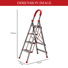Kuber Industries 4 Step Heavy-Duty Foldable Aluminium Ladder with Wide Pedals and Hand Grip for Home and Office Use | Anti Slip Step Staircase for Home | Supports 150+ Kgs | Silver & Red